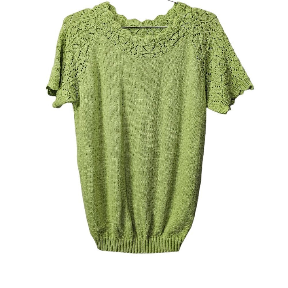💥145 Haband Short Sleeve Knit Crochet Olive Green Sweater